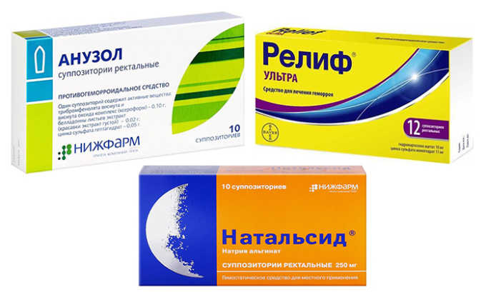 Свечи (Релиф, Натальсид, Анузол). Устраняют воспаление, боль и кровотечения. Хорошо помогают при внутренней форме геморроя
